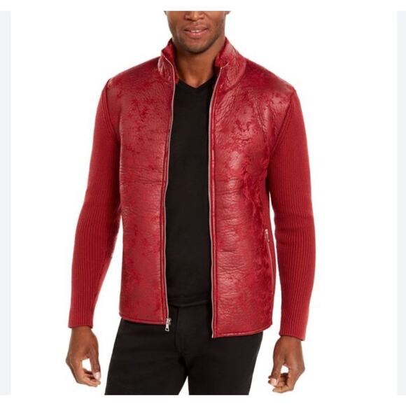 INC International Concepts Mens red faux leather &  knit sweater jacket. XL NWOT - Picture 1 of 9